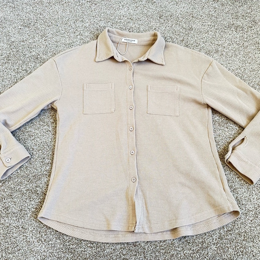 Soft Waffle Knit Button-Up Shirt - Taupe